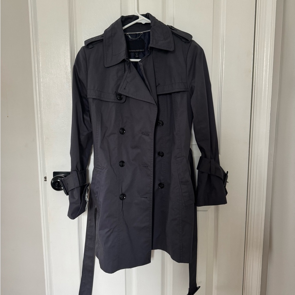 EUC Banana Republic Slate Blue Trench Coat Petite Small - Picture 3 of 6